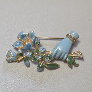 Vintage CORO Signed 1940s Blue Green Hand & Floral Bouquet 2 3/8" Brooch AS IS